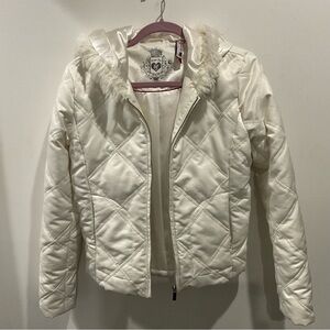 Sugarfly White Quilted Puffer Jacket with Faux Fur Trim